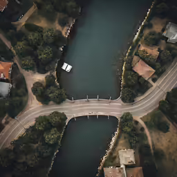 aerial view of two lanes with bridge over water