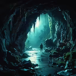 man walking inside of a cave looking down at water