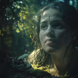 a woman with wet hair stands in the woods