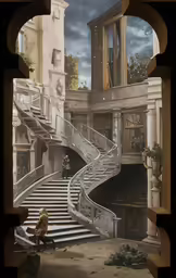an artistic rendering of someone sitting on a bench by some stairs