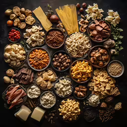 the assortment of different ingredients in dishes arranged