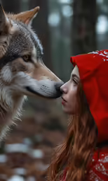 a lady is kissing a wolf in the woods