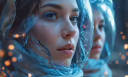 two people, one dressed in blue, are looking at something with bubbles behind her