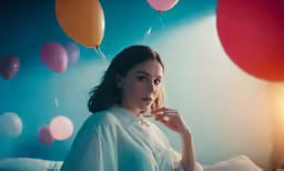 a woman standing next to balloons hanging from a ceiling