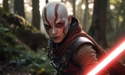 a star wars character in the woods with a light saber