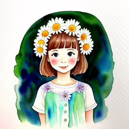 a painting of a girl with daisies in her hair,a child wearing flower crowns with watercolor drawing of him