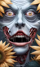 the demonic face and eyes of a woman, with sunflowers around her