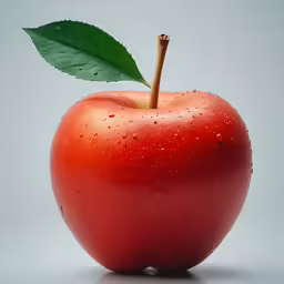 an apple with a green leaf on top is standing up against a white background
