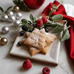 a white plate topped with dessert items next to berries