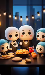 some little dolls standing in front of food on a table