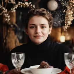 a person sitting at a table with a plate of cake