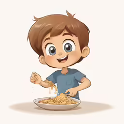a young boy eating some spaghetti