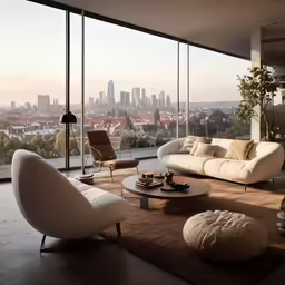a white couch and chair in a room with large windows