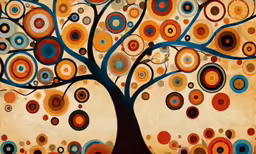 abstract painting of a tree with brown circles