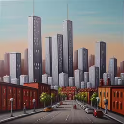 painting of city street scene in oils with red buildings,a painting with red buildings in the city,a painting of an urban city with tall buildings,an oil painting shows a city scene with cars driving down the street,a painting of a large city from across the street