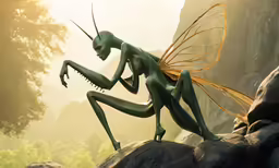 an alien like creature on a rock surrounded by forest