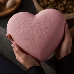 a person holding a pink heart shaped pillow