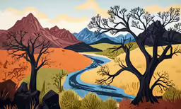 this painting is a colorful painting with mountains and trees in the background