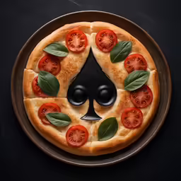 a pizza with olive leaves, tomatoes and tomato slices