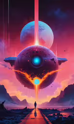 man standing on path in front of spaceship and moon,a sci - fi spaceship flying through the air above a landscape