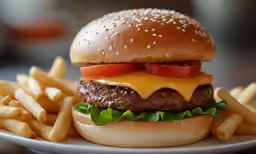 a hamburger with cheese and tomato on a plate next to fries