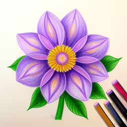 there is a flower with green leaves around it,a drawing of a flower with colored markers on it,a drawing of a flower with colored pencils beside it,a drawing of a flower, next to markers and markers,a drawing of a purple flower next to pencils