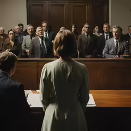 a woman in a suit looking at the man standing on the table