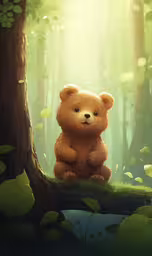 a teddy bear sitting in a forest, next to a tree,a cartoon bear sitting in the woods, by itself