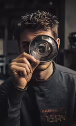 a man looking through a lens while holding his camera in front of his face
