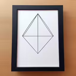 a picture is hanging on the wall next to the frame,black frame hanging on wall displaying a diamond pattern