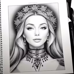 a drawing of the model wearing jewelry and pearls