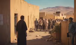 a group of people stand outside and talk