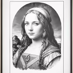 a woman in an ornate frame with an art work