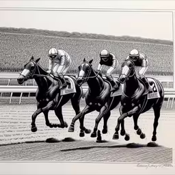 a drawing of jockeys racing horses in a horse race,a group of men on some horses in the dirt
