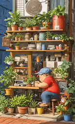 an animated doll sitting in front of many potted plants