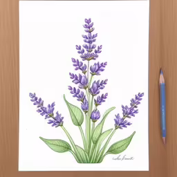 a drawing of a purple flower with leaves on a white background,a hand - drawn purple flower sits on top of a card,a drawing of some pretty lavender flowers,a sketch of a purple flower, with leaves,watercolor painting of lavender flower on white paper