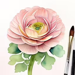 a large pink flower in the center of green leaves next to a brush,a painting of a large flower with green leaves on the side