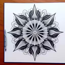 a pen drawing of a flower on paper,a white notebook sitting on top of a wooden table