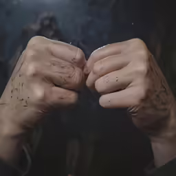two hands hold up and clasp their fists