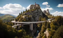 the road is winding around a bridge in front of a large castle