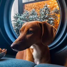 a dog sitting on the couch and looking outside