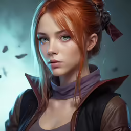 a woman with a red hair and blue eyes