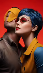 an elegant woman wearing a mask kissing a man with a blindfold