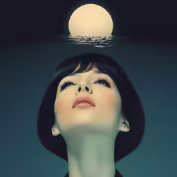 a woman is looking up at the moon above her head