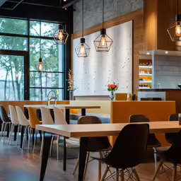 some very neat and colorful tables with chairs and lights