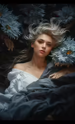 a beautiful woman laying under sheets of silk with flowers