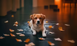 a brown and white dog laying on top of a wooden floor