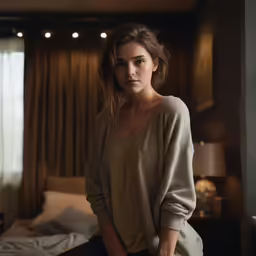 a girl in a light sweater poses in a bedroom