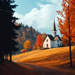 a church sitting on a field in front of trees