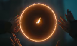 several people reaching out towards a small flame
